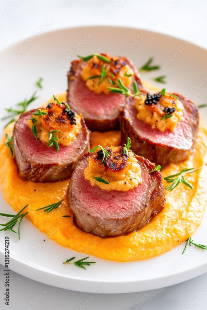Sliced tender beef fillet served with creamy sauce and garnished with herbs for an elegant dining experience Sliced tender beef fillet served with creamy sauce and garnished with herbs for an elegant dining experience