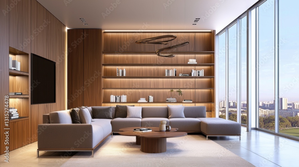 Fototapeta premium Scandinavian living room, deep walnut walls, oversized modular sofa, floating wooden shelves, sculptural bronze chandelier, recessed soft lighting