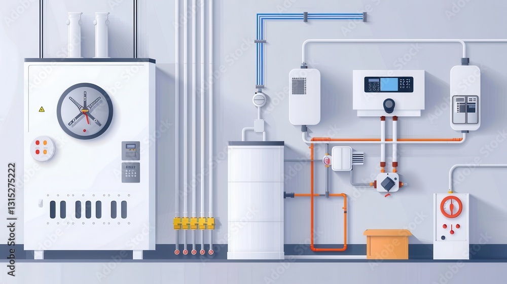 Modern heating system installation featuring gas boiler and electric components in a residential basement Modern heating system installation featuring gas boiler and electric components in a residential basement