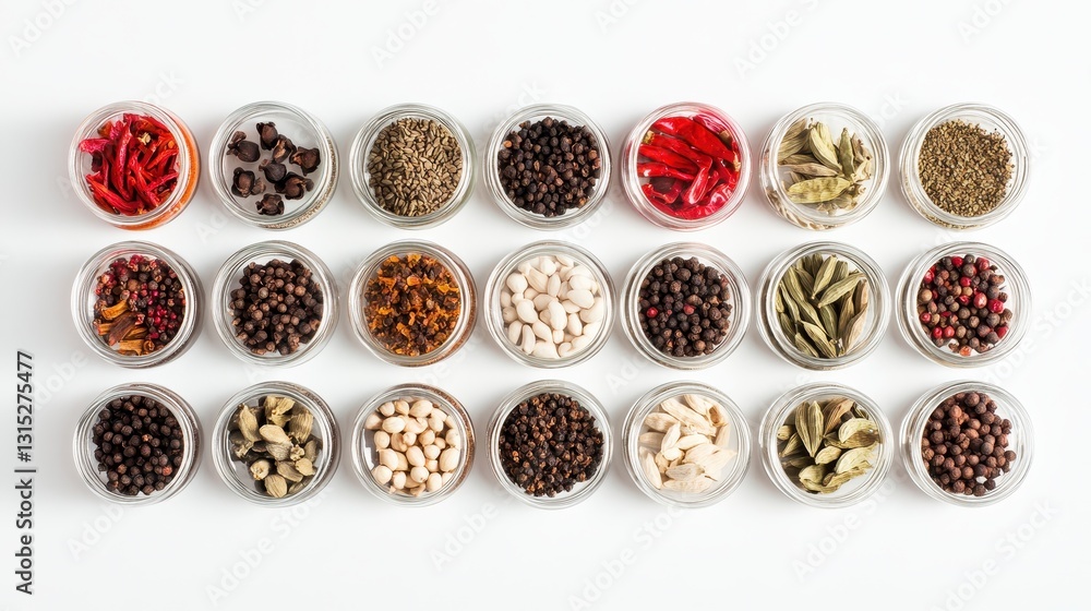 A set of assorted spices in small glass jars, arranged on a white surface, on a white isolated background A set of assorted spices in small glass jars, arranged on a white surface, on a white isolated background