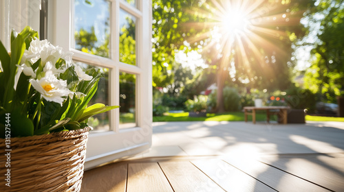 A bright morning view of a sunlit garden seen through an open window with fresh white flowers in a basket.