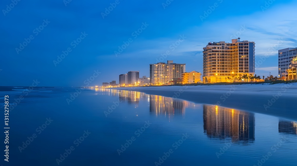 Naklejka premium Serene Coastal City Skyline at Blue Hour with Beautiful Reflections