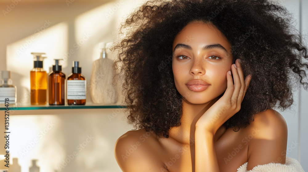 Naklejka premium A radiant woman with voluminous curly hair poses with a serene expression, surrounded by beauty products in warm lighting.