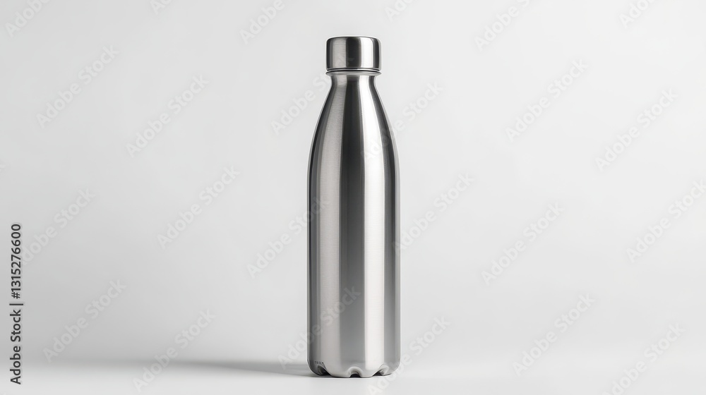 A sleek stainless steel water bottle, standing upright on a white background, on a white isolated background A sleek stainless steel water bottle, standing upright on a white background, on a white isolated background