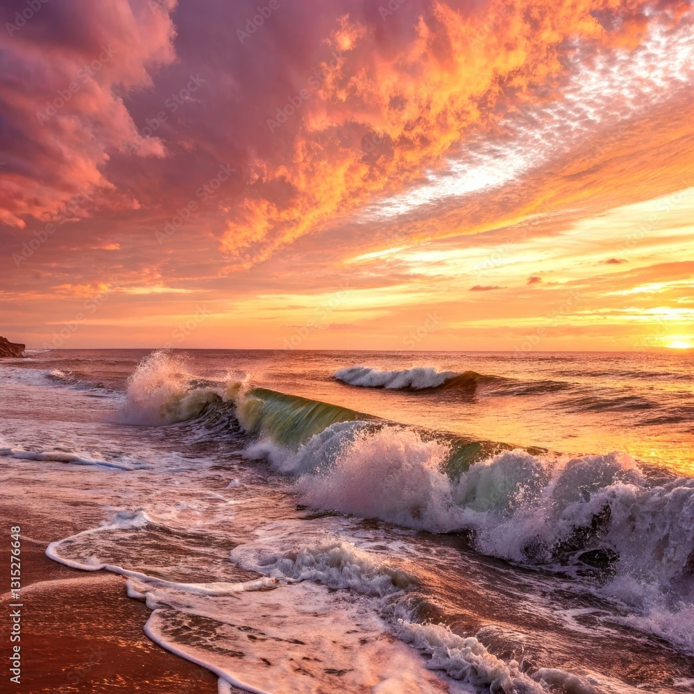 Fototapeta premium Ocean waves crashing on sandy beach at sunset with colorful sky, nature, tranquility, beauty