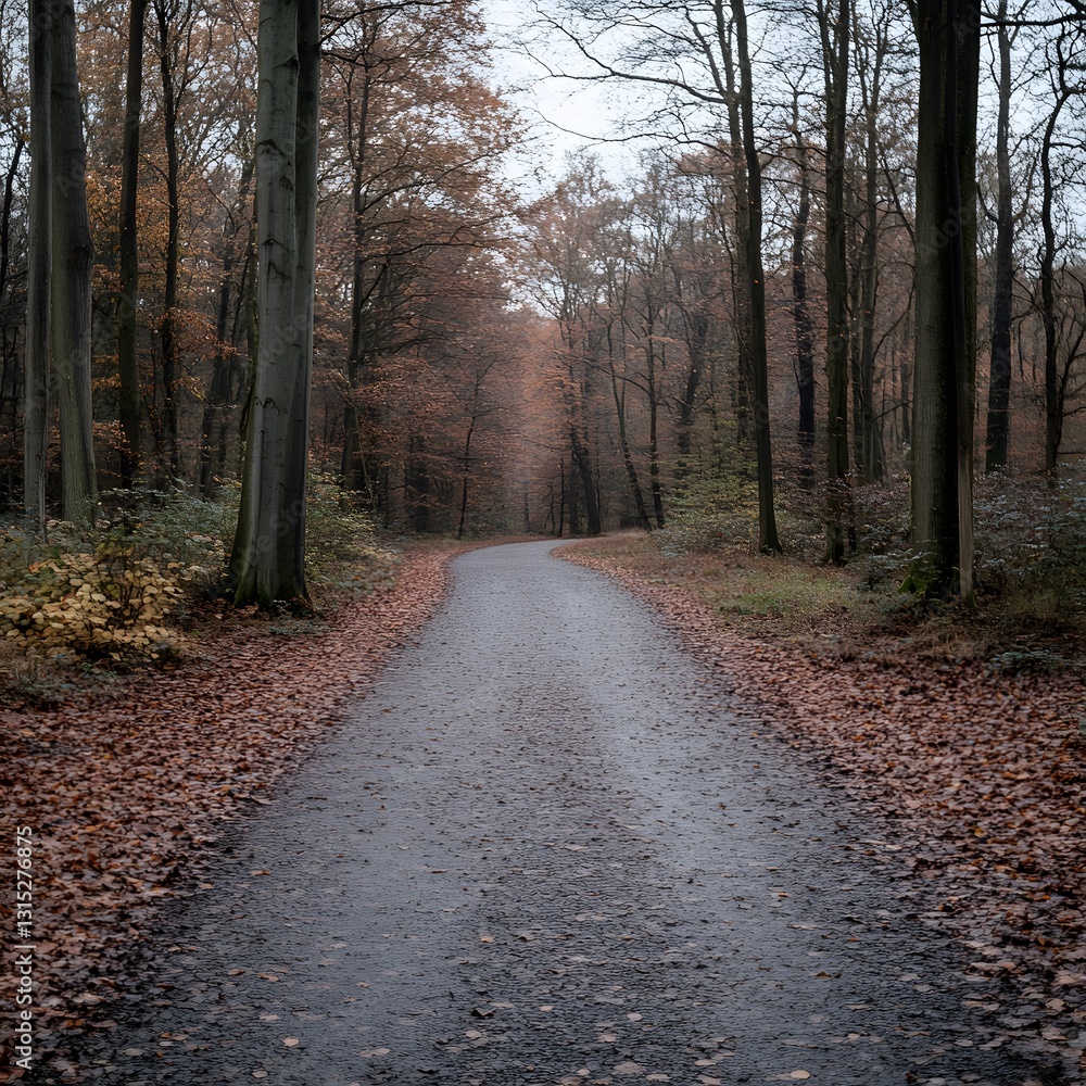 Obraz premium Autumnal forest path winding through trees, leaves on ground, misty background; travel, nature