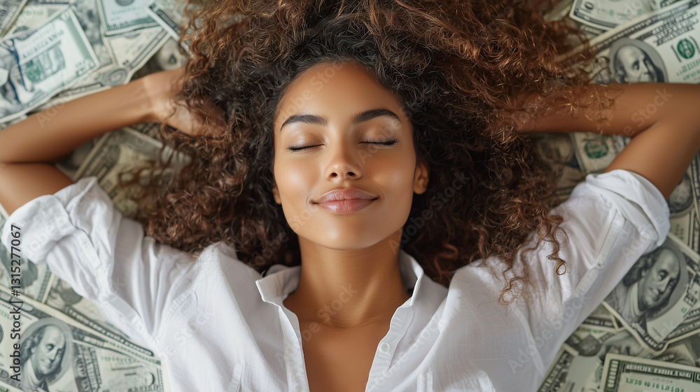 A woman lies on a bed of hundred-dollar bills, smiling with a sense of financial freedom and success.