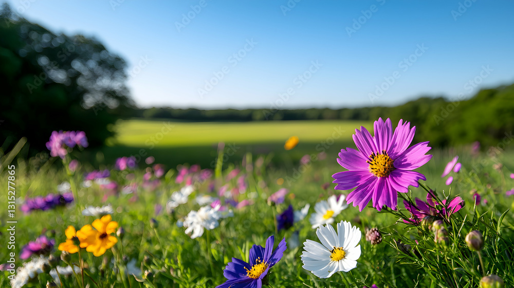 Vibrant Wildflower Field in Bloom Under a Sunny Sky Vibrant Wildflower Field in Bloom Under a Sunny Sky