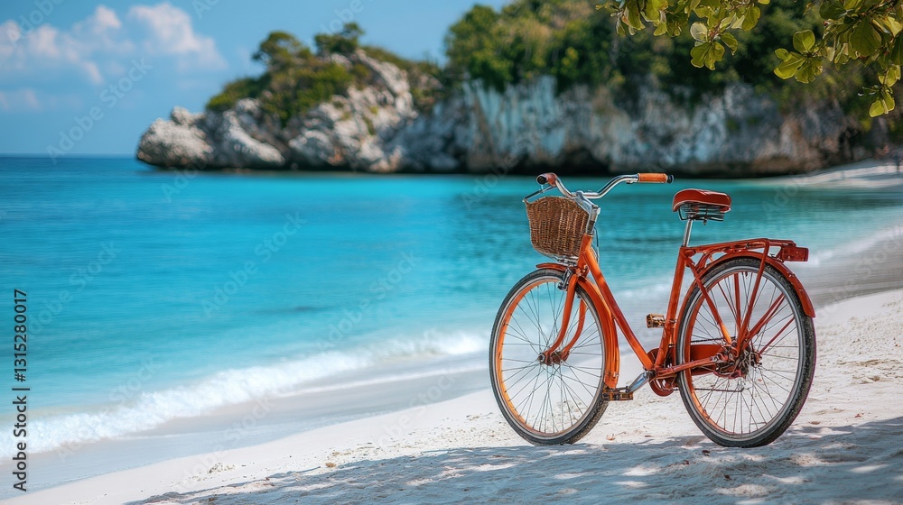 Fototapeta premium Bright orange bicycle parked on a sandy beach with clear blue water and rocky cliffs in background on a sunny day
