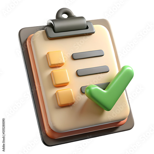 3D Illustration of a Green Clipboard with Yellow and Black Checklist Items, Featuring Green Checkmarks Indicating Task Completion and Organization