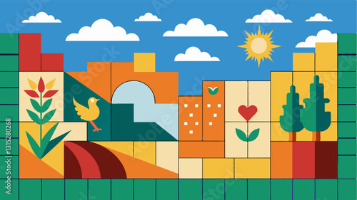 A vacant wall transformed into a mosaic masterpiece each tile representing a residents unique contribution to the community.. Vector illustration