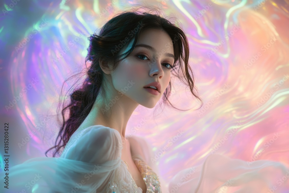 A young woman with dark hair and light makeup poses against a vibrant iridescent background, wearing a sheer, elegant gown. A young woman with dark hair and light makeup poses against a vibrant iridescent background, wearing a sheer, elegant gown.