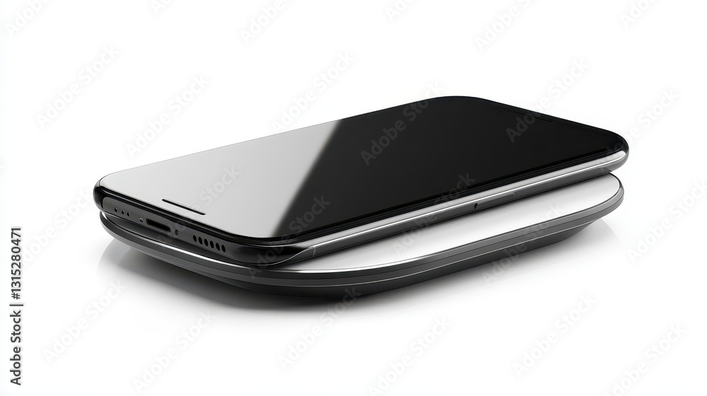 A sleek wireless charger with a phone on top, placed on a clean white surface, on a white isolated background A sleek wireless charger with a phone on top, placed on a clean white surface, on a white isolated background