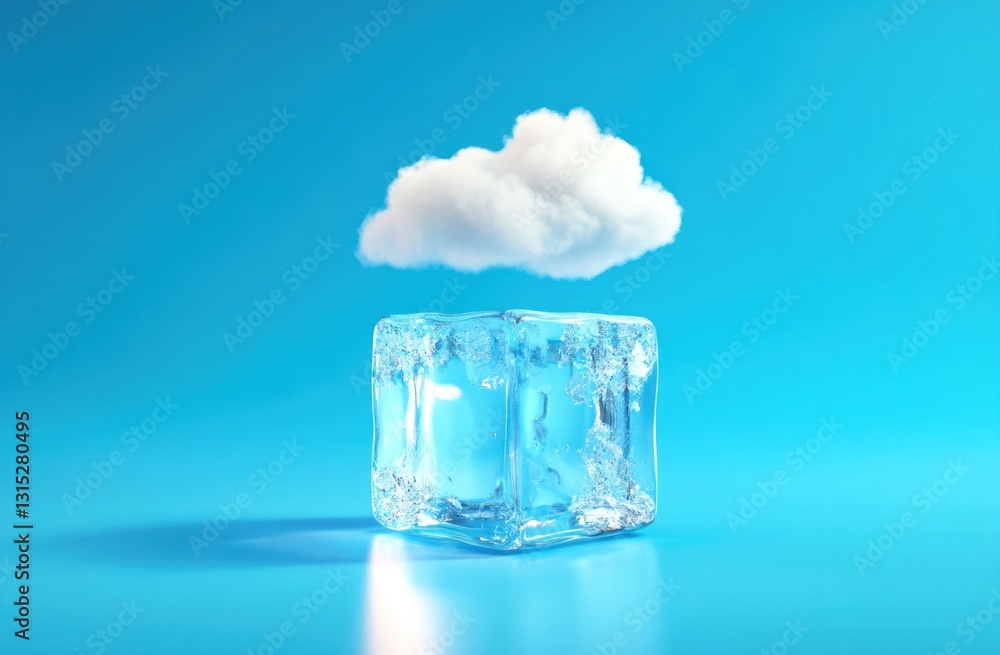 Cloud hovering over ice cube on blue background. Cloud hovering over ice cube on blue background.