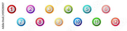 Spheres display numbers one to twelve in various colors, showing clear sequence and order.