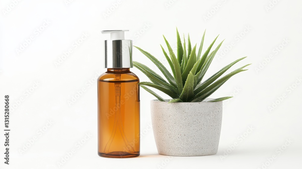 A bottle of luxury facial toner, placed next to a small potted plant, on a white isolated background A bottle of luxury facial toner, placed next to a small potted plant, on a white isolated background