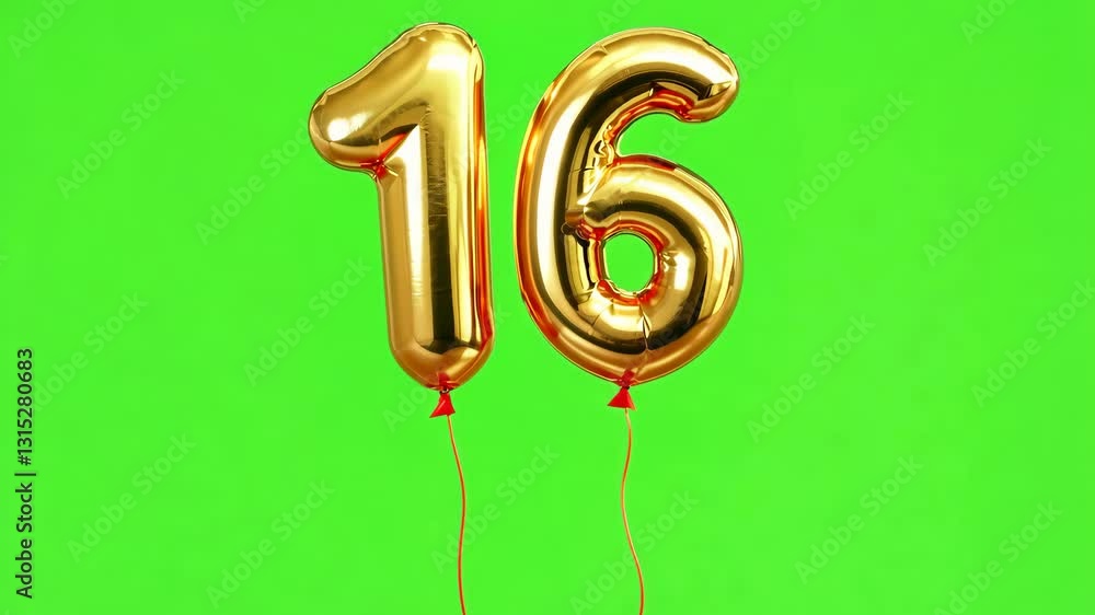Golden number 16 balloons on green chromakey for celebrations and video editing Golden number 16 balloons on green chromakey for celebrations and video editing