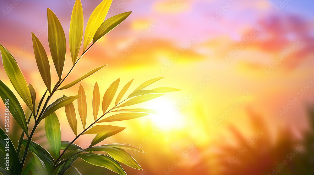 Obraz premium Tropical leaves silhouetted against a vibrant sunset with warm golden light