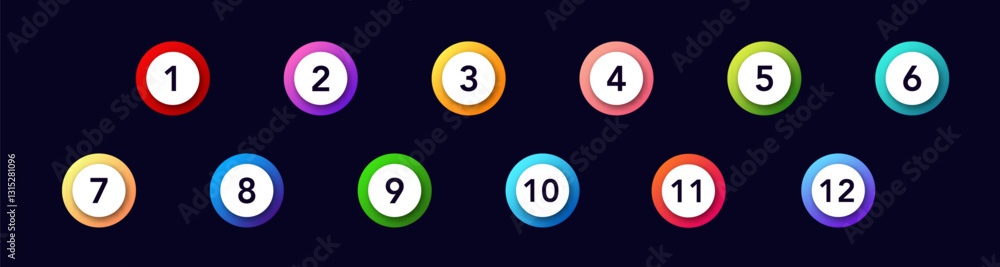 Circular design featuring numbers one to twelve. each number is displayed within a colorful circle. Circular design featuring numbers one to twelve. each number is displayed within a colorful circle.