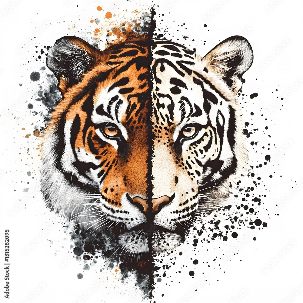 Fototapeta premium Split design showcasing a tiger and white tiger fusion