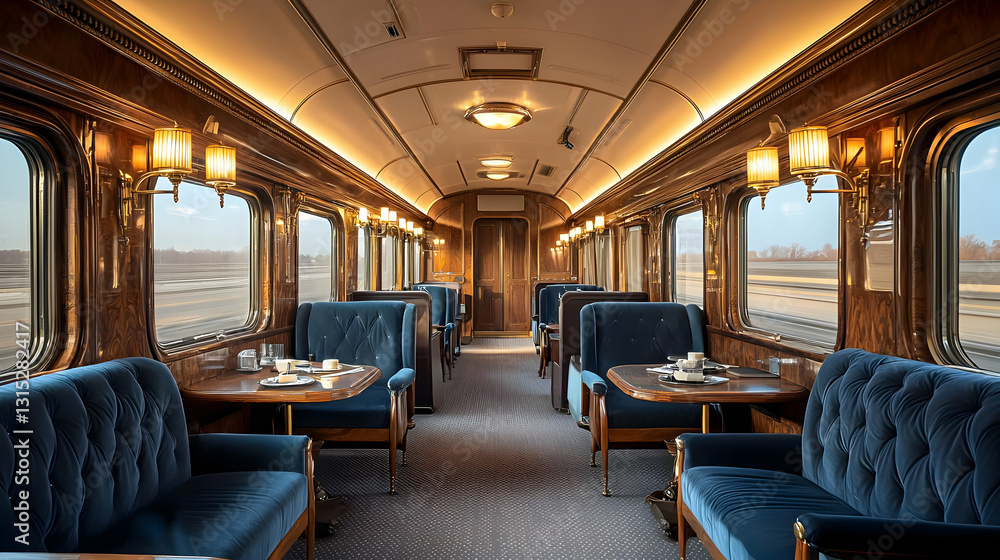 Opulent Blue Velvet Interior Of A Luxury Train Passenger Car With Desert View Through Large Windows Opulent Blue Velvet Interior Of A Luxury Train Passenger Car With Desert View Through Large Windows