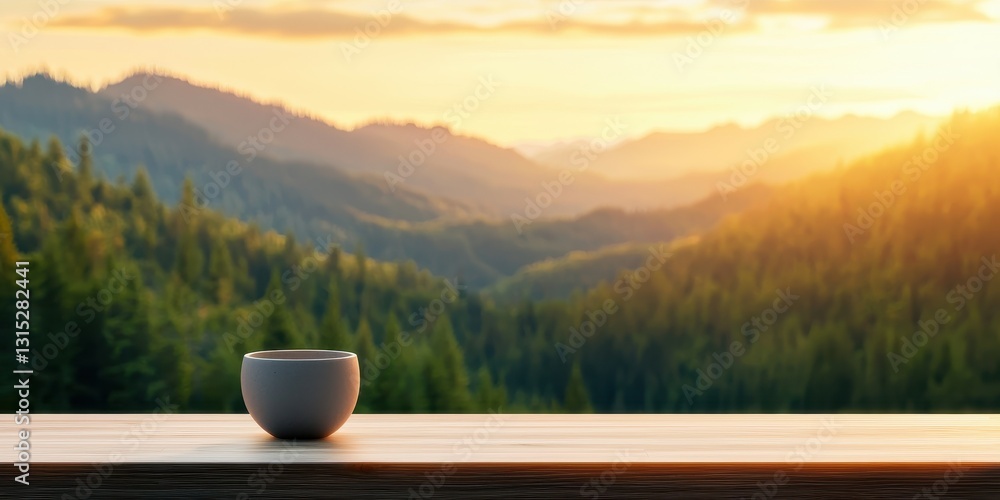 Enjoying a serene sunrise with a coffee cup on a wooden table overlooking majestic mountains nature landscape tranquil scenic view Enjoying a serene sunrise with a coffee cup on a wooden table overlooking majestic mountains nature landscape tranquil scenic view