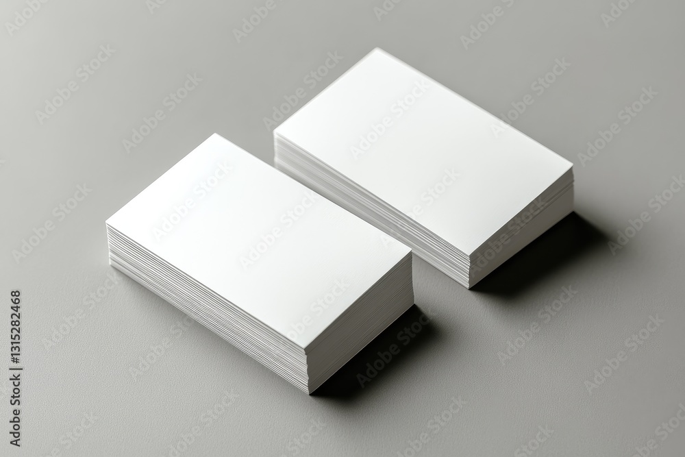 Two stacks of blank business cards on a smooth gray surface, perfect for branding, corporate identity, and design mockups. Ideal for marketing, presentations, and professional templates Two stacks of blank business cards on a smooth gray surface, perfect for branding, corporate identity, and design mockups. Ideal for marketing, presentations, and professional templates
