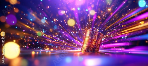 Glowing Coins Surrounded by Colorful Lights and Sparkles