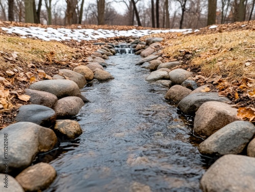 Winter creek flowing through park, rocks, snow photo