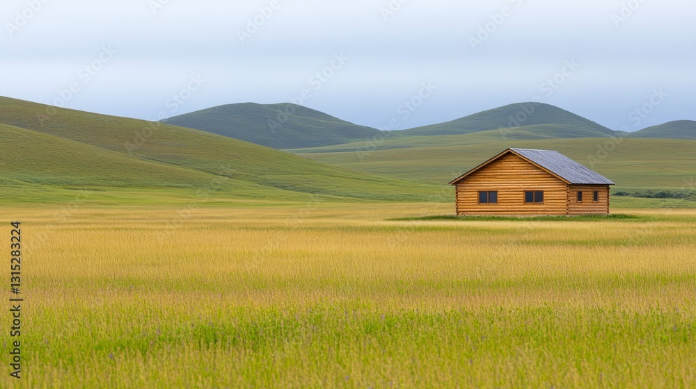 Wooden cabin in a golden field, rolling hills in the background Wooden cabin in a golden field, rolling hills in the background