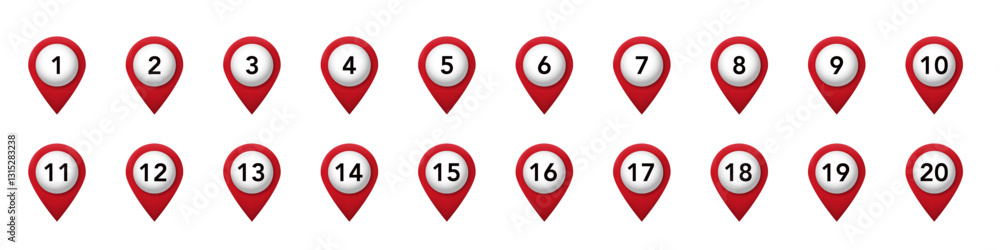 Red location markers numbered one to twenty displayed in a single horizontal row. Red location markers numbered one to twenty displayed in a single horizontal row.