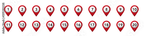 Red location markers numbered one to twenty displayed in a single horizontal row.