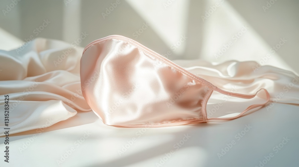 A luxury silk face mask, placed on a white table with soft lighting A luxury silk face mask, placed on a white table with soft lighting