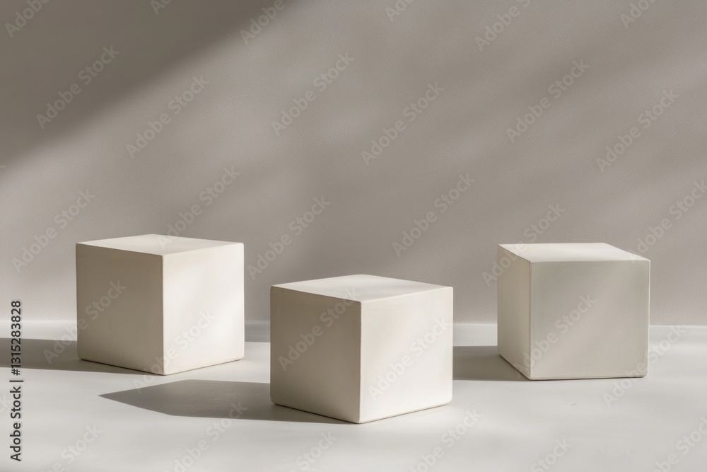 Naklejka premium Three white cube podiums on a light surface with shadows.