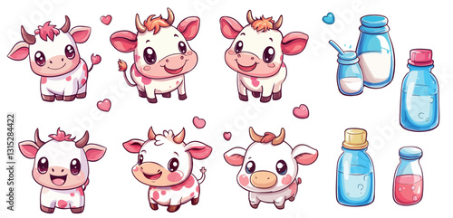 set of hand-drawn cute little cows and milk bottles