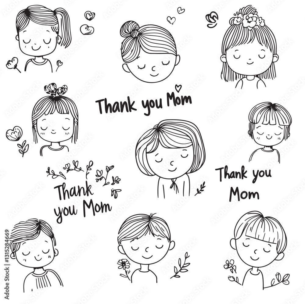 set of hand-drawn doodled adorable drawings thank you mom set of hand-drawn doodled adorable drawings thank you mom