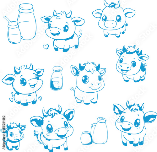 set of hand-drawn cute little cows and milk bottles