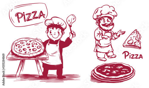 set of hand-drawn cute pizza maker sketch grunge