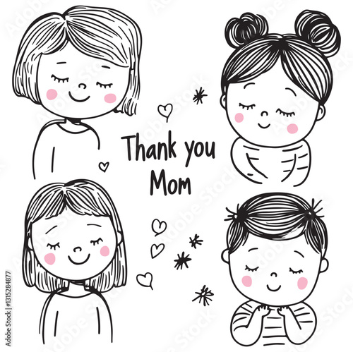 set of hand-drawn doodled adorable drawings thank you mom