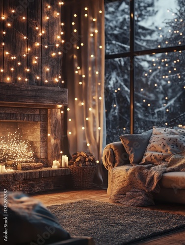 A Cozy Fireplace Surrounded by Glowing Fairy Lights and a Cozy Couch photo