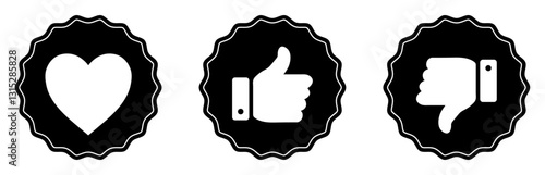 Heart, thumb up and thumb down, like and dislike vector icons set. Love, like, and dislike icons. Vector illustration. Flat style.