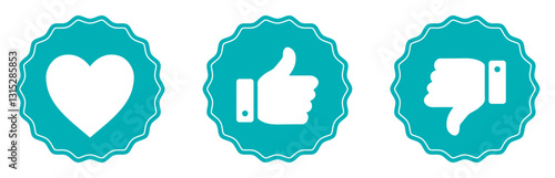 Heart, thumb up and thumb down, like and dislike vector icons set in blue color. Love, like, and dislike icons. Vector illustration. Flat style.