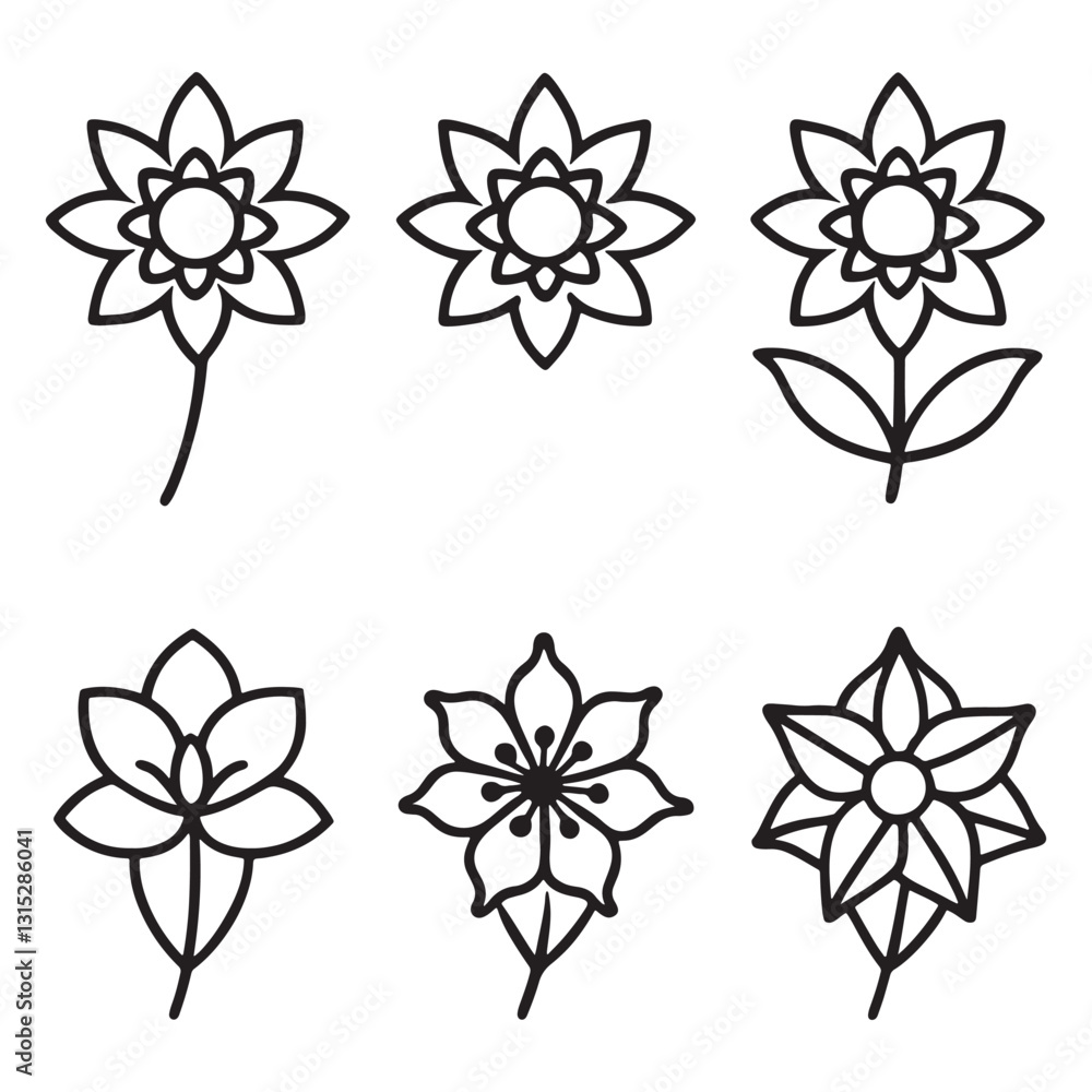 Flower icon set, silhouette vector illustration