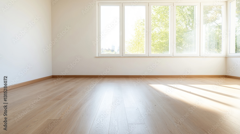 Fototapeta premium Bright and spacious empty room with large windows allowing natural light to fill the space in a modern building, ideal for various activities or decorations