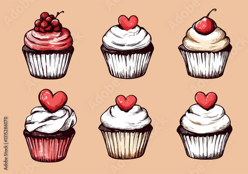 set of hand-drawn cute cupcakes
