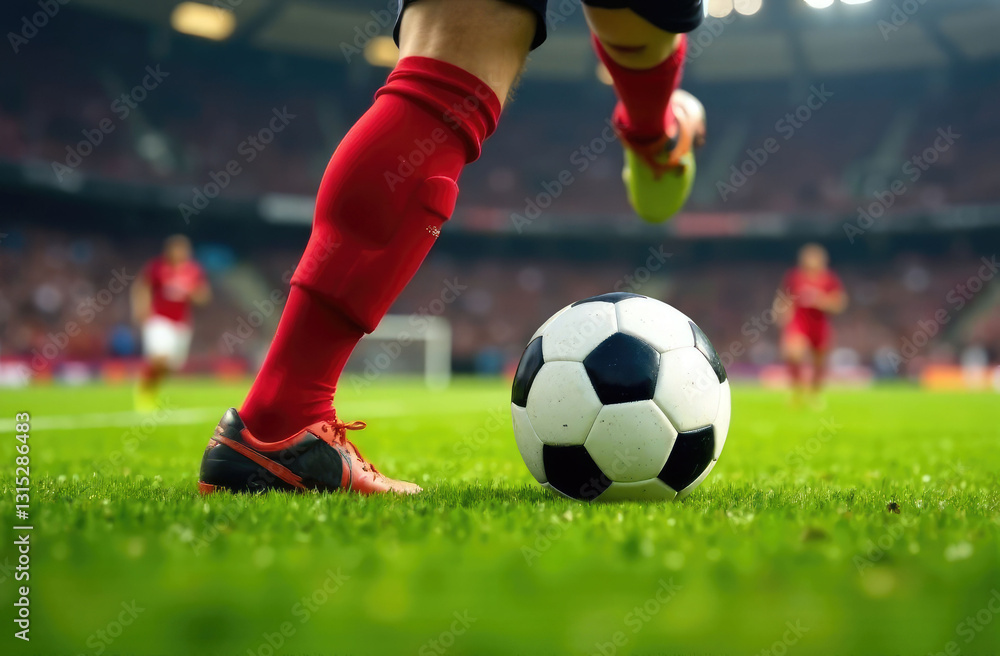 Obraz premium Football player kicks the ball on the football field, close-up. Football match, championship