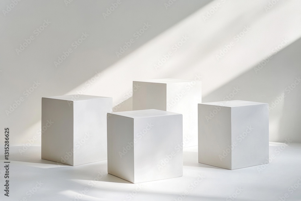 Three white cubes on white background, sunlight. Three white cubes on white background, sunlight.