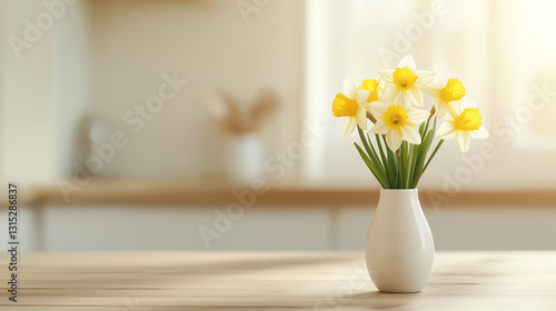 Wallpaper Mural Bright yellow daffodils in a white vase add a cheerful touch to a sunlit kitchen table during springtime, enhancing the warm atmosphere of the home Torontodigital.ca