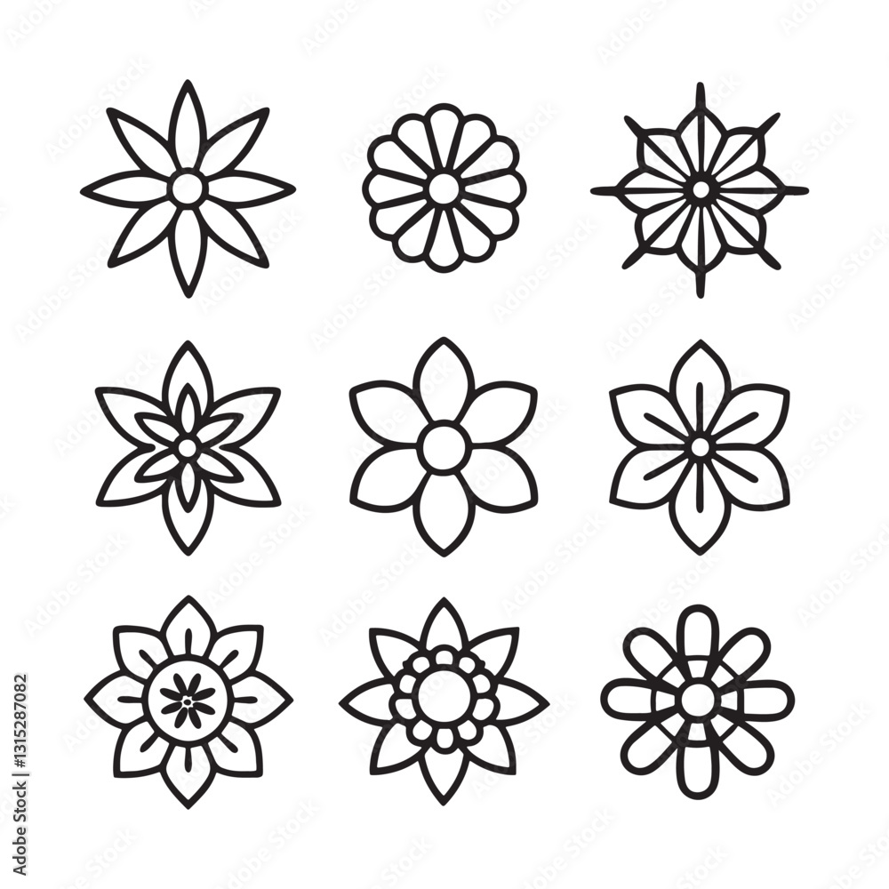 Flower icon set, silhouette vector illustration