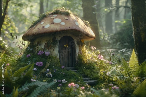 Wallpaper Mural Enchanted mushroom house nestled in a lush, sun-dappled forest clearing. Torontodigital.ca